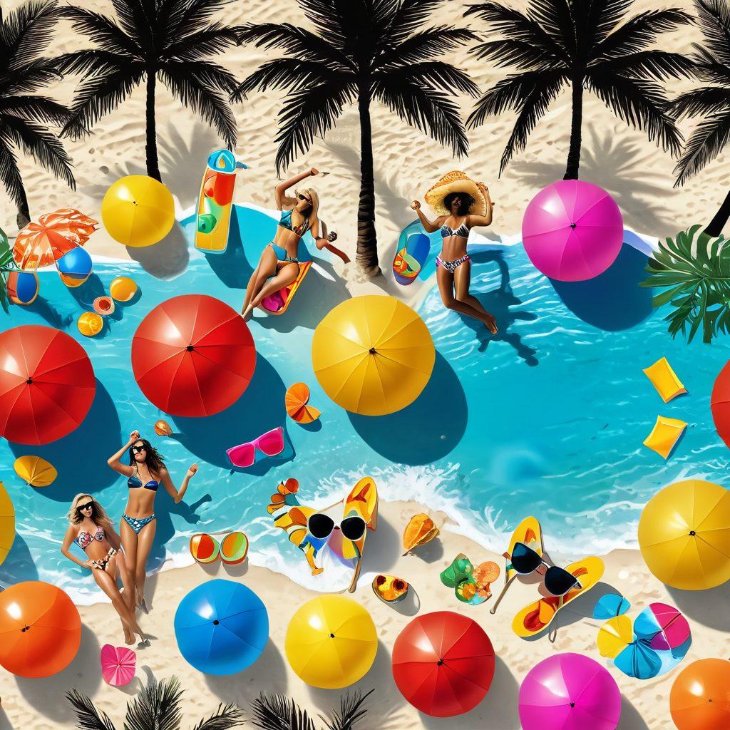 A vibrant beach scene filled with diverse people flaunting stylish, flirty swimwear, laughing and enjoying casual connections. Incorporate bold colors, sunshine reflecting off the water, and playful beach accessories like sunglasses, beach balls, and umbrellas. Make the background a blend of palm trees and beach waves to evoke a carefree summer vibe. Include an inviting cocktail or snack setup to enhance the social atmosphere. super-realistic. vibrant colors. sunny background.