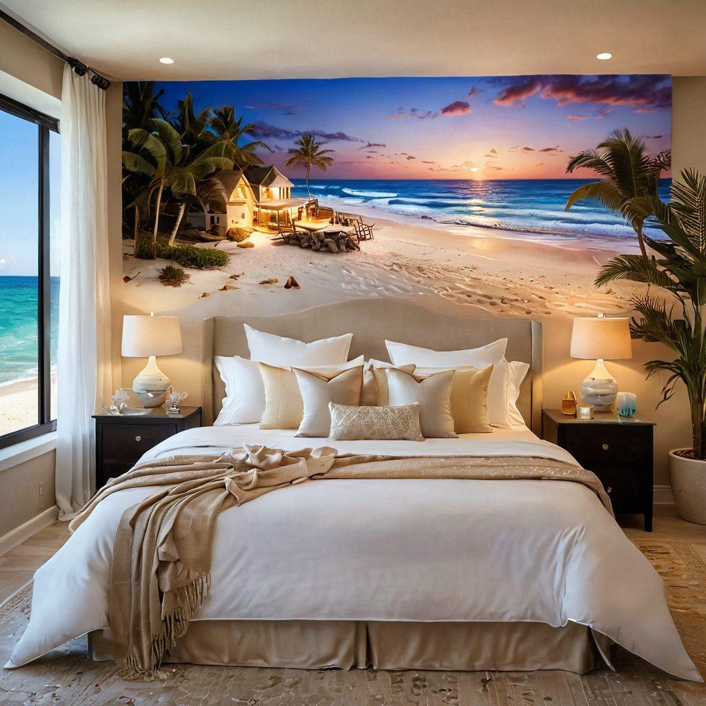 A stylish beach scene transitioning smoothly into a cozy bedroom atmosphere, featuring elegant swimwear draped artistically over a sandcastle and a bed, with soft, romantic lighting creating an intimate vibe. Include elements like seashells and soft pillows to blend both settings harmoniously. Enhance the colors to be warm and inviting. super-realistic. vibrant colors.